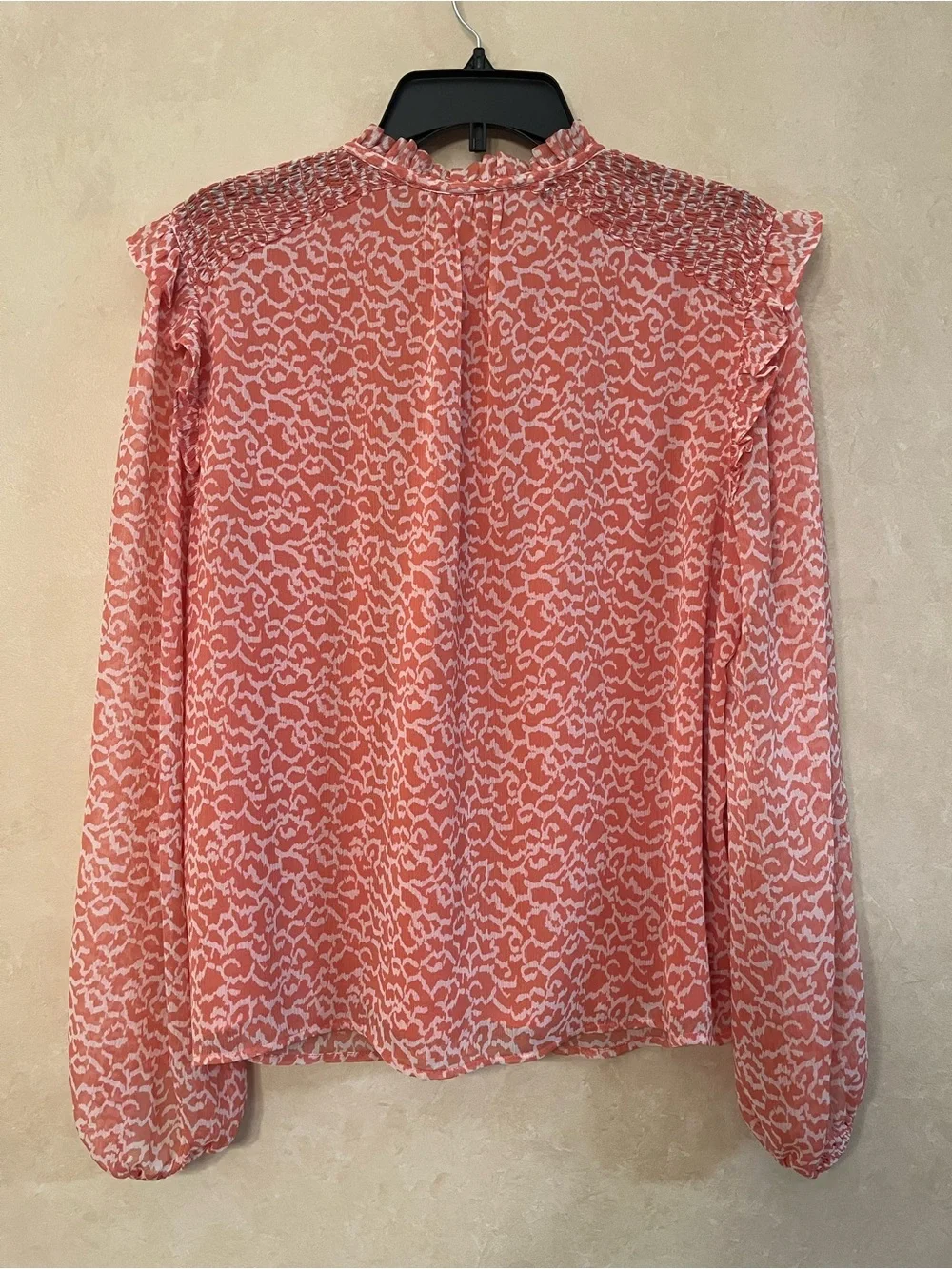 LOFT Coral Pink Printed Ruffle-Neck Long-Sleeve Blouse